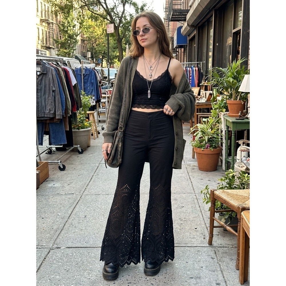 INC Nwt International Concepts Black Eyelet Lace Wide Leg Flare Pants Y2k 8